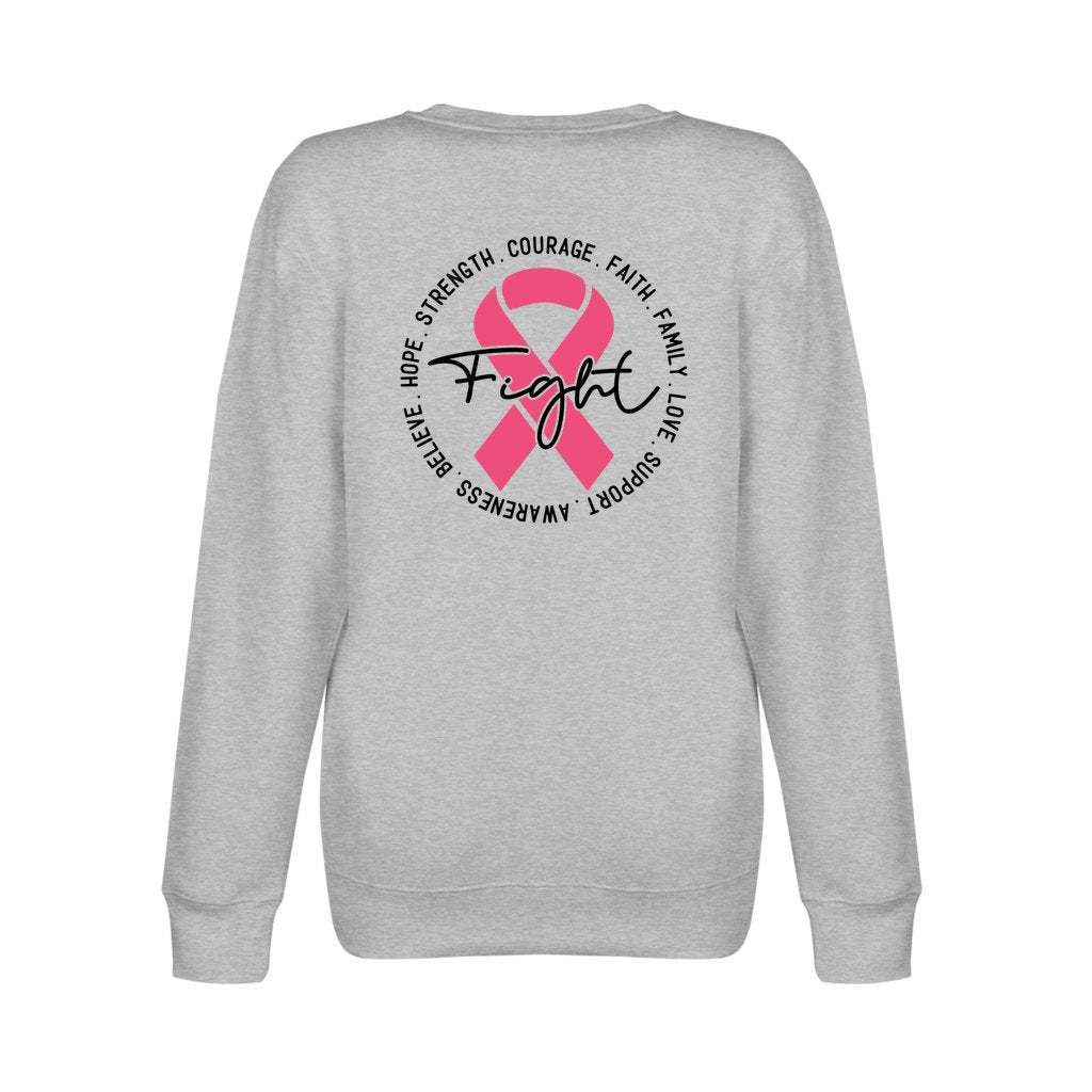 Breast Cancer Awareness Pink Ribbon Sweatshirt ribbon is shaped with hearts prints with message fight, strength, courage.