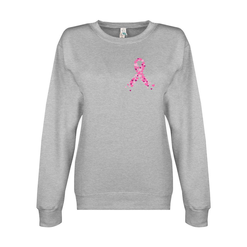 Breast Cancer Awareness Pink Ribbon Sweatshirt ribbon is shaped with hearts prints with message fight, strength, courage.