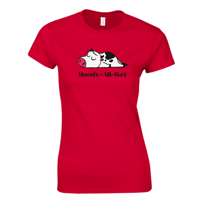 moody all day cow graphic in red tee