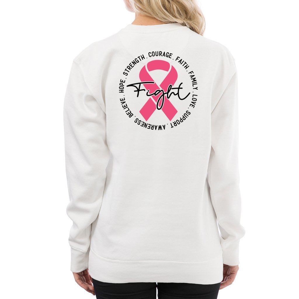 Breast Cancer Awareness Pink Ribbon Sweatshirt ribbon is shaped with hearts prints with message fight, strength, courage.