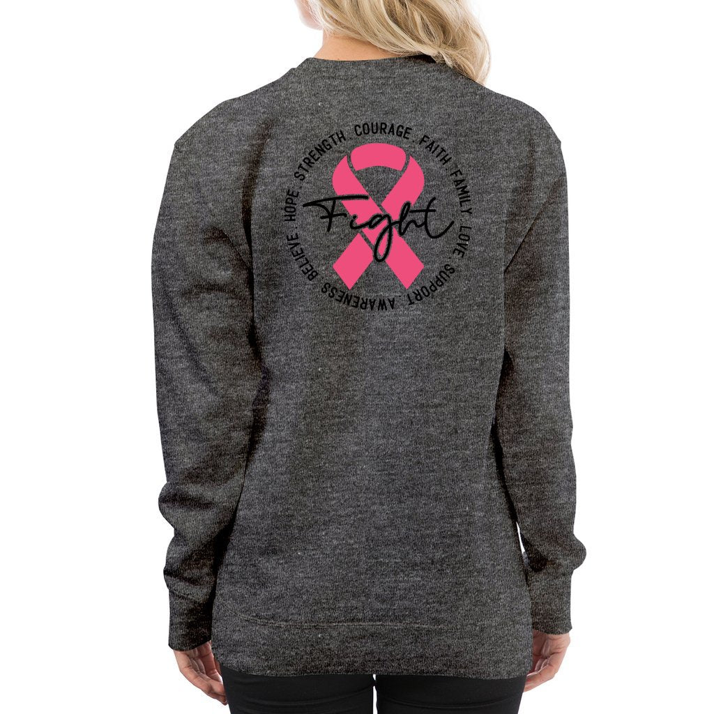 Breast Cancer Awareness Pink Ribbon Sweatshirt ribbon is shaped with hearts prints with message fight, strength, courage.