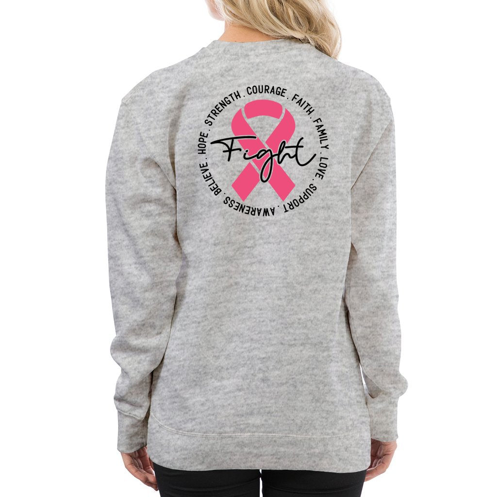 Breast Cancer Awareness Pink Ribbon Sweatshirt ribbon is shaped with hearts prints with message fight, strength, courage.