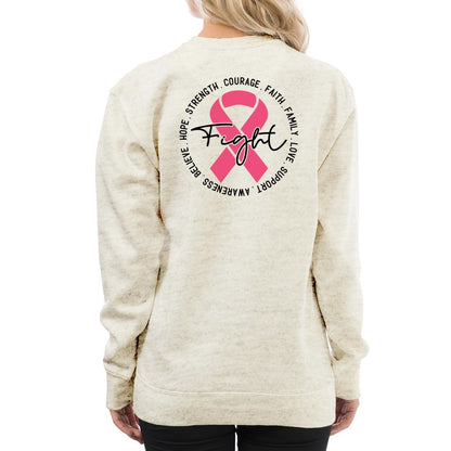 Breast Cancer Awareness Pink Ribbon Sweatshirt ribbon is shaped with hearts prints with message fight, strength, courage.