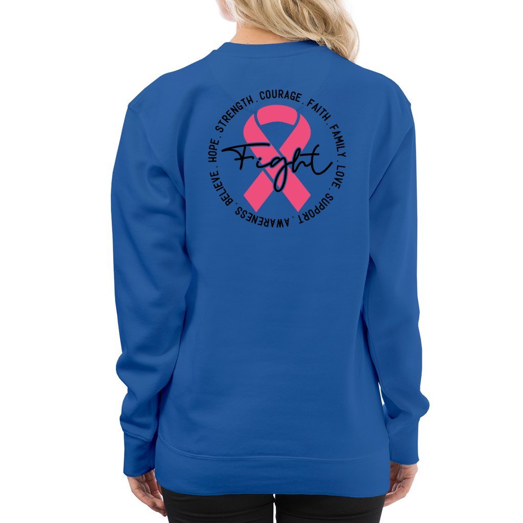 Breast Cancer Awareness Pink Ribbon Sweatshirt ribbon is shaped with hearts prints with message fight, strength, courage.