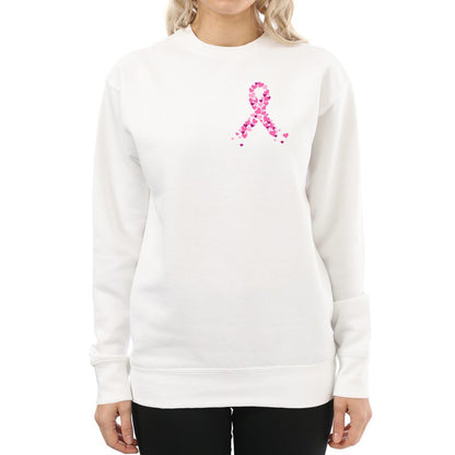 Breast Cancer Awareness Pink Ribbon Sweatshirt ribbon is shaped with hearts prints with message fight, strength, courage.