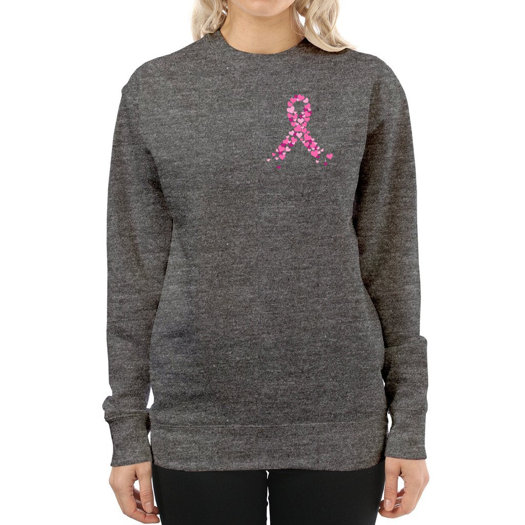 Breast Cancer Awareness Pink Ribbon Sweatshirt ribbon is shaped with hearts prints with message fight, strength, courage.