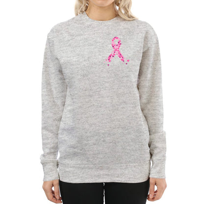 Breast Cancer Awareness Pink Ribbon Sweatshirt ribbon is shaped with hearts prints with message fight, strength, courage.