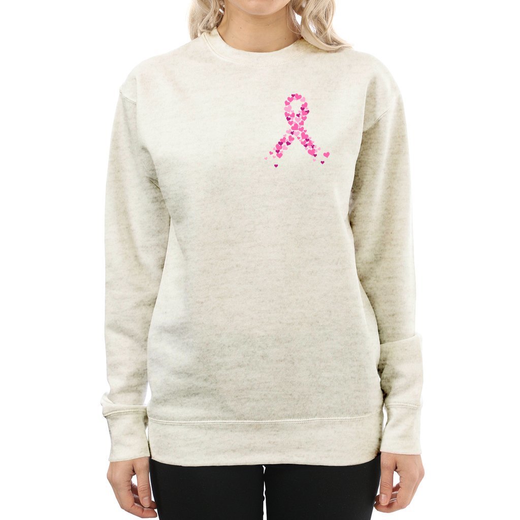 Breast Cancer Awareness Pink Ribbon Sweatshirt ribbon is shaped with hearts prints with message fight, strength, courage.