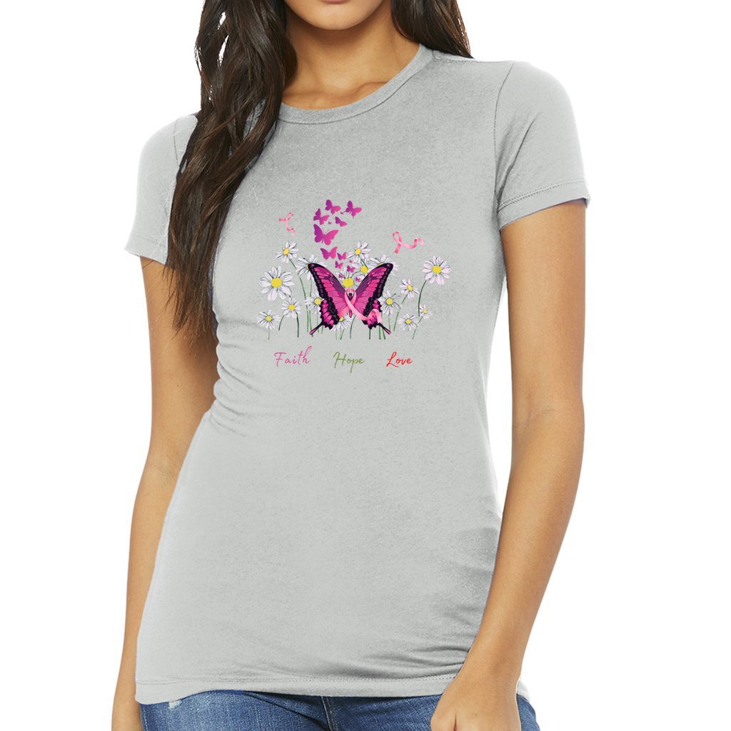 Butterfly Faith, Hope and Love Breast Cancer Women's Slim Fit Tee Shirt Comfort Core Spotlight