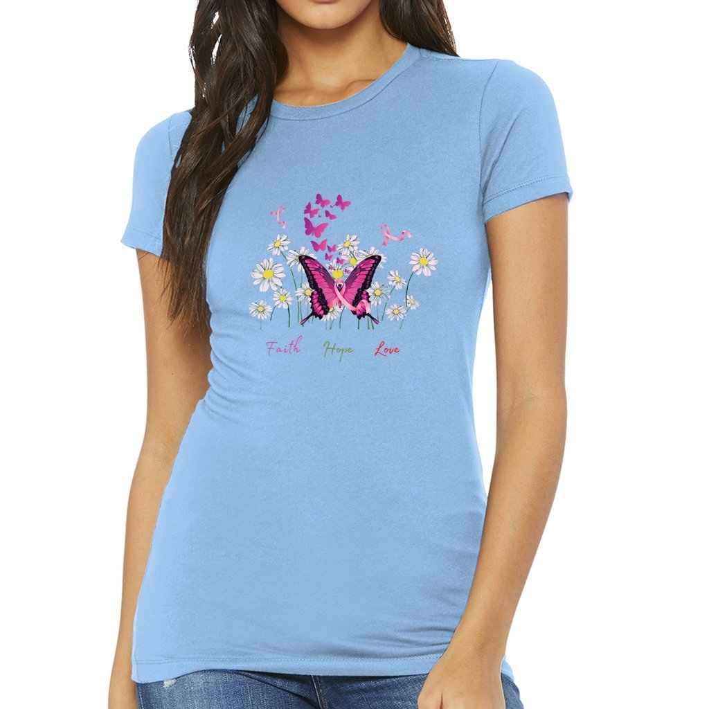 Butterfly Faith, Hope and Love Breast Cancer Women's Slim Fit Tee Shirt Comfort Core Spotlight